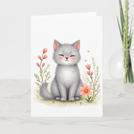 Watercolor Kitten Cute Cat with Flowers Blank  Kaart (Voorkant)