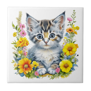 Watercolor Kitten in Gele en Roze Bloemen  Tegeltje