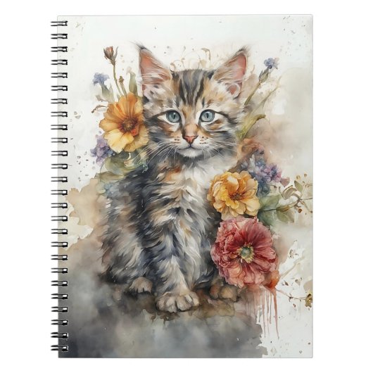 Watercolor Kitten with Wildflowers Spiral  Notitieboek (Voorkant)