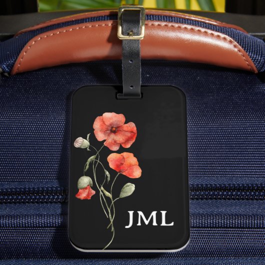 Watercolor Klaprozen op Zwarte Monogram Bagagelabel (Voorkant Insitu 2)