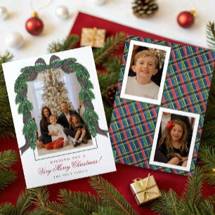 Watercolor Klassiek Tartan Schotse Plaid Lint Foto Feestdagenkaart