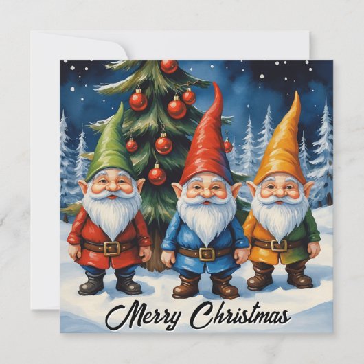 Watercolor Kleurrijke Kerstkabouters Winterbos Feestdagenkaart (Voorkant)