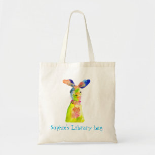 Watercolor knuffelkonijn bibliotheek naam tote bag