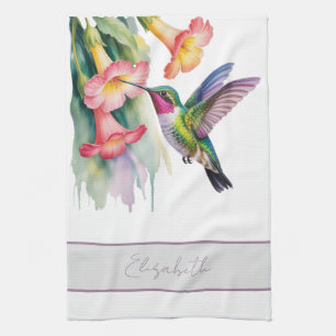 Watercolor Kolibrie met Bloemen Theedoek