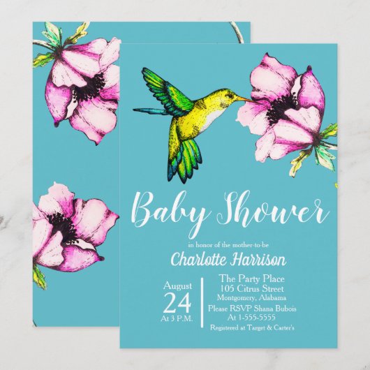Watercolor Kolibrie & Paarse Bloem Baby Shower Kaart (Voorkant / Achterkant)