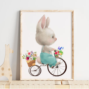 Watercolor Konijn Bloem Fiets   Konijn Muurprint Poster
