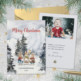 Watercolor Konijn Carolers Familie Foto Kerstmis Feestdagenkaart