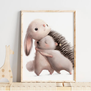 Watercolor Konijn Egel Knuffels   Konijn Muurprint Poster