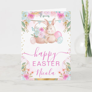 Watercolor Konijn en Bloemen Gelukkig Pasen Kaart