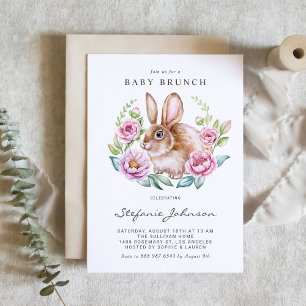 Watercolor Konijn en Roze Bloemen Baby Brunch Kaart