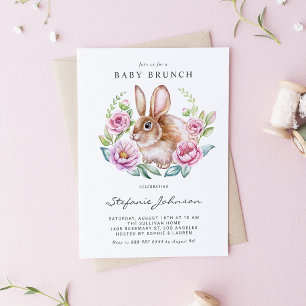 Watercolor Konijn en Roze Bloemen Baby Brunch Uitnodiging Briefkaart