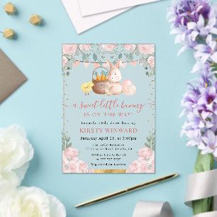 Watercolor Konijn en Roze Bloemen Baby Shower Acryl Uitnodigingen
