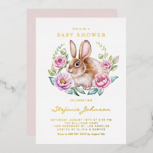 Watercolor Konijn en Roze Bloemen Baby Shower Folie Uitnodiging