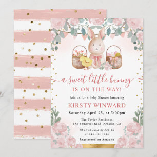 Watercolor Konijn en Roze Bloemen Baby Shower Kaart
