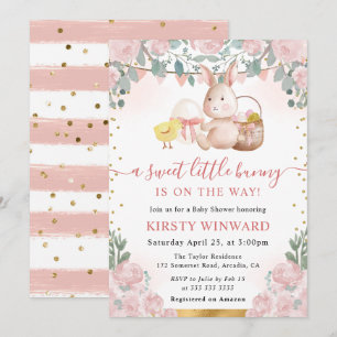 Watercolor Konijn en Roze Bloemen Baby Shower Kaart