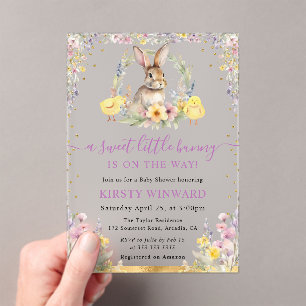 Watercolor Konijn en Wilde Bloemen Baby Shower Acryl Uitnodigingen