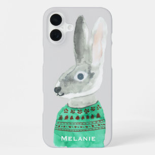 Watercolor Konijn in Trui Grijs Gepersonaliseerd iPhone 16 Plus Hoesje