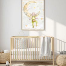Watercolor Konijn Klimt Maan Nursery Kunst - Blauw
