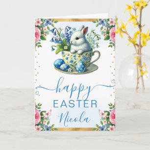 Watercolor Konijn Lente Bloemen Gelukkig Pasen Kaart