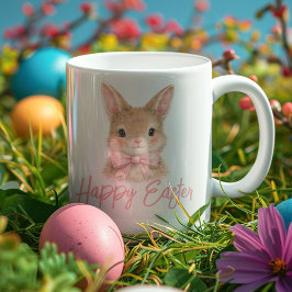 Watercolor Konijn met Roze Strik| Schattig Paashaa Koffiemok