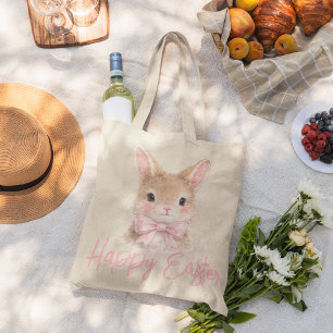 Watercolor Konijn met Roze Strik  Schattig Paaskon Tote Bag