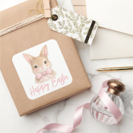 Watercolor Konijn met Roze Strik| Schattig Paaskon Vierkante Sticker