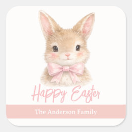 Watercolor Konijn met Roze Strik| Schattig Paaskon Vierkante Sticker