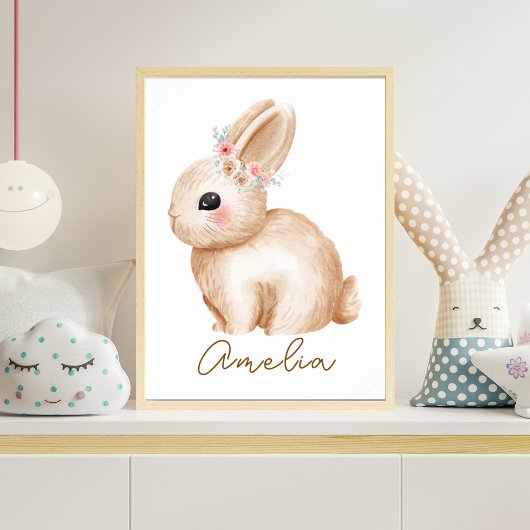 Watercolor Konijn Nursery Print Bloemrijk Bos