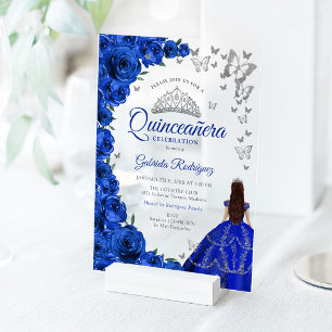 Watercolor Koningsblauwe Rozen Zilveren Quinceaner Acryl Uitnodigingen