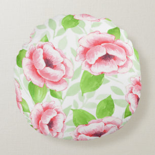 Watercolor Koraalroze - Romantische Bloemen Rond Kussen