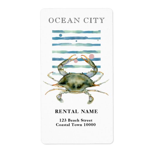 WATERCOLOR KRAB, STRANDSTAD, OCEAN CITY ETIKET (Voorkant)