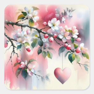 Watercolor Krabappelboom Met Hart  Vierkante Sticker