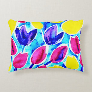 Watercolor kraft tulips in colorful pattern Yellow Accent Kussen
