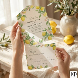 Watercolor Krans Mediterraan Citrus Bruiloft All In One Uitnodiging