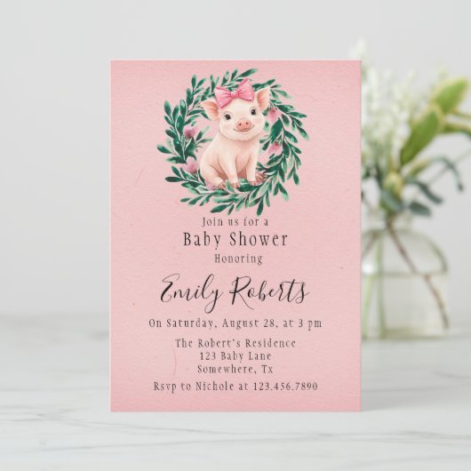 Watercolor Krans met Biggetje Baby Shower Kaart (Staand voorkant)