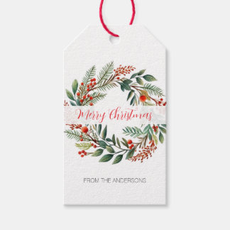 Watercolor Krans Persoonlijke Kerstmis Cadeaulabel