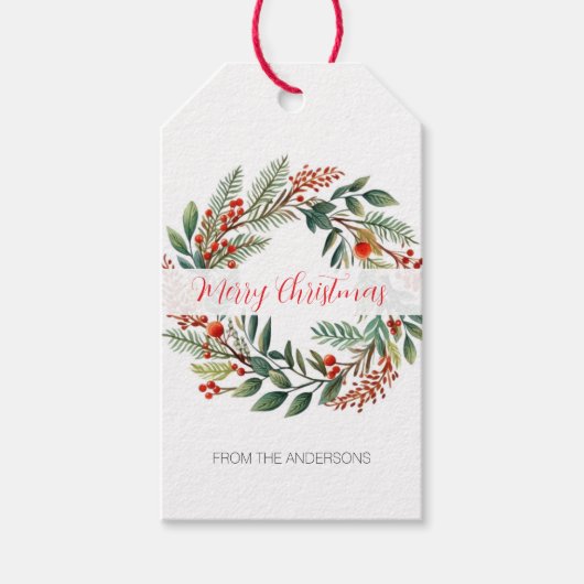Watercolor Krans Persoonlijke Kerstmis Cadeaulabel (Voorkant)