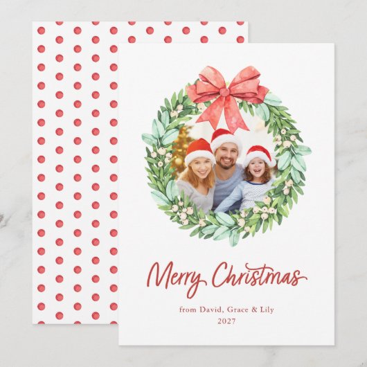 Watercolor Krans Prettig Kerstfeest met fotonamen (Voorkant / Achterkant)