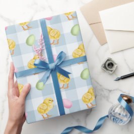 Watercolor kuiken en eieren op blauwe geruite patr cadeaupapier