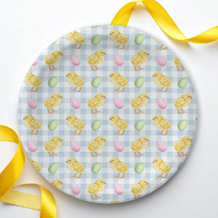 Watercolor Kuiken En Eieren Op Blauwe Gingham Patr Papieren Bordje
