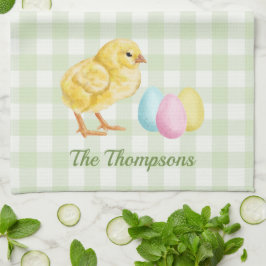 Watercolor Kuiken En Eieren Op Groen Met Naam Theedoek