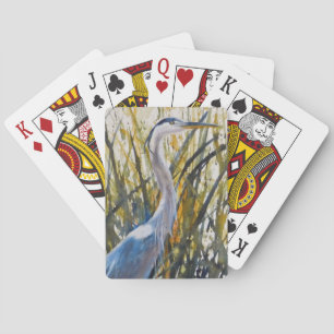 Watercolor Kunst Blauwe Reiger In Hoog Gras  Pokerkaarten