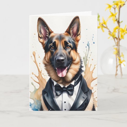 Watercolor Kunst Duitse Herdershond Tuxedo Zwarte  Kaart (Gele Bloem)