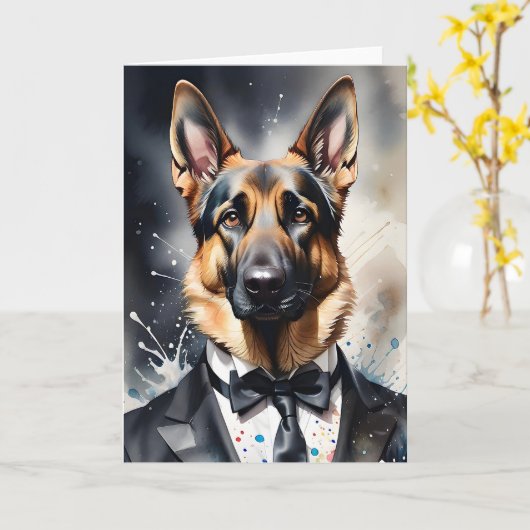 Watercolor Kunst Duitse Herdershond Tuxedo Zwarte  Kaart (Gele Bloem)