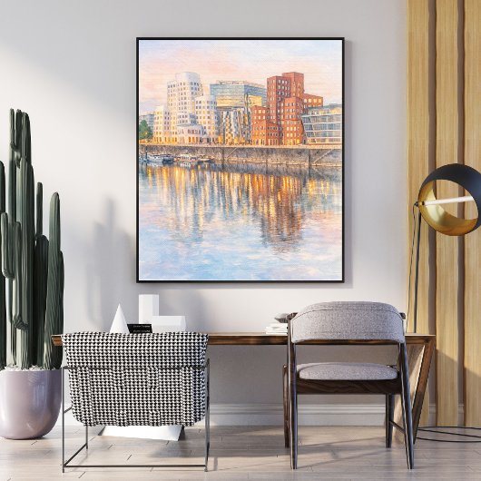 Watercolor Kunst – Moderne Stadsreflectie bij Zons Poster