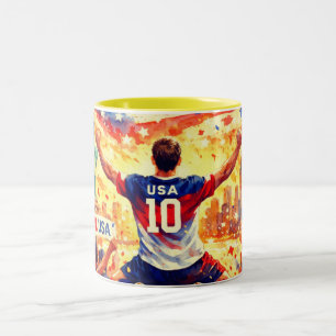 Watercolor Kunst van Amerikaanse Voetbalfans Celeb Tweekleurige Koffiemok