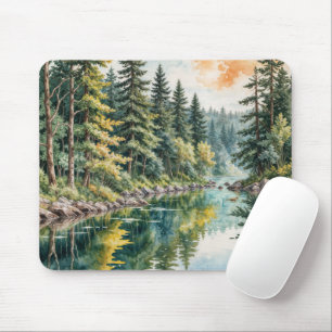 Watercolor Kunst van een Rivier in een Bos Muismat