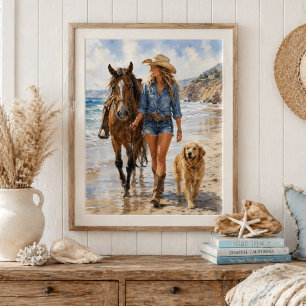 Watercolor Kust Cowgirl Strandwand Kunst Poster