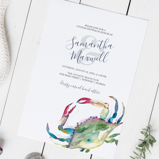 Watercolor Kust Krabben Koppels Douche (Couples shower invitations blue and green watercolor crab printable or printed )