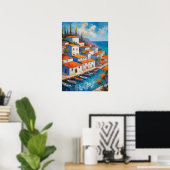 Watercolor kustdorp zeilboot  poster (Thuiskantoor)